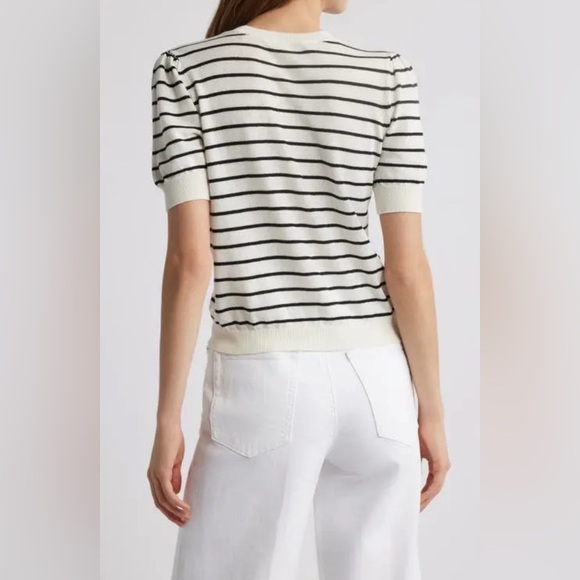 FRAME Gathered Striped Short Sleeve Organic Cotton/Linen Blend Sweater NWT - Picture 3 of 14